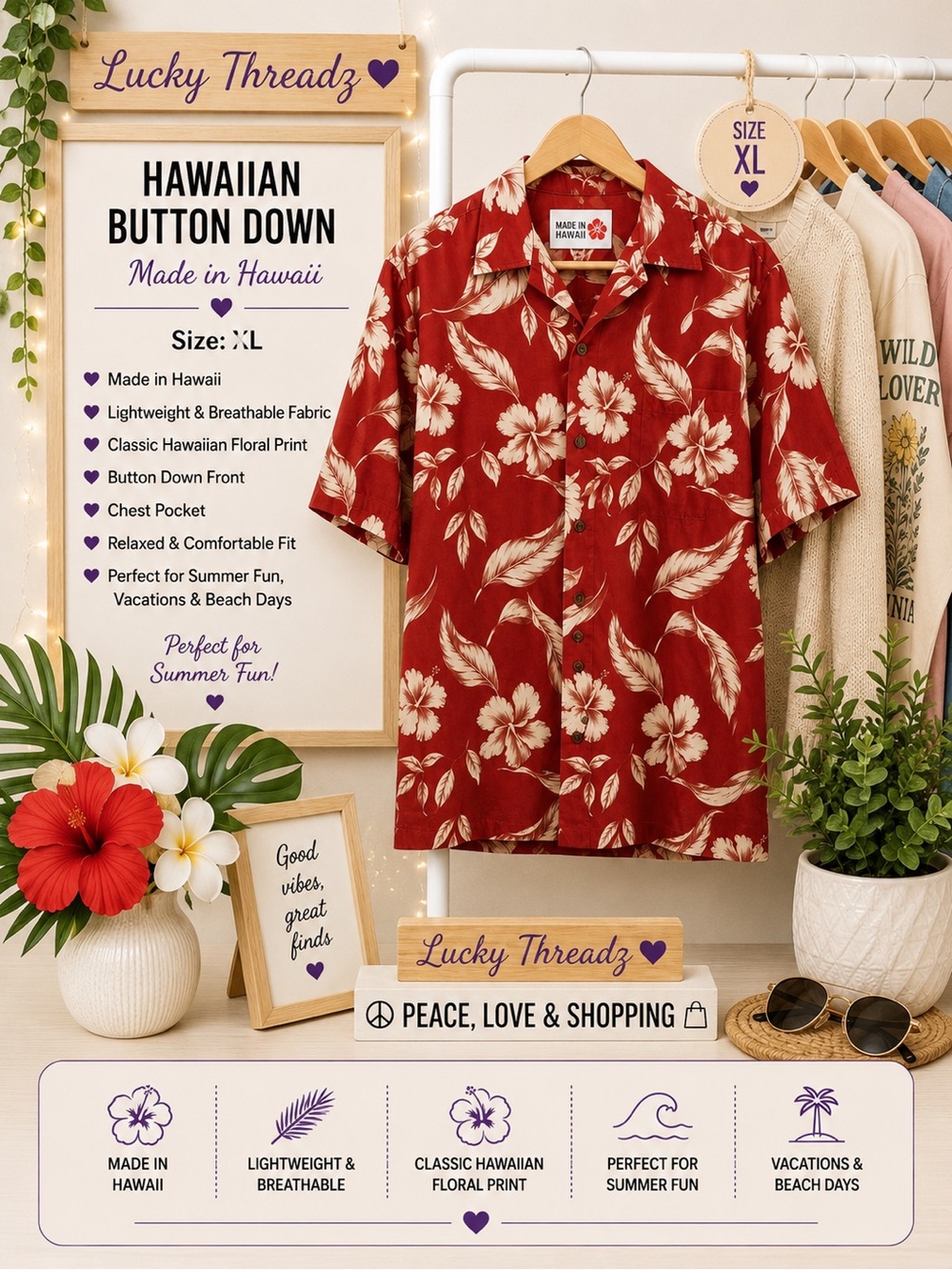 Men's Red Hawaiian Floral Button-Down Shirt Size XL